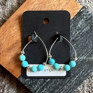 Handmade Faux Turquoise Beaded Silver Hoop Earrings